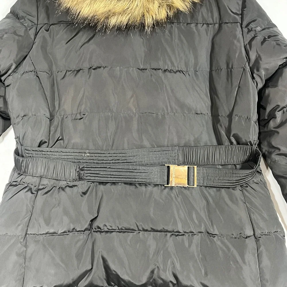 Michael Michael Kors Black Puffer Coat Faux Fur Hood Belted Winter Jacket Large